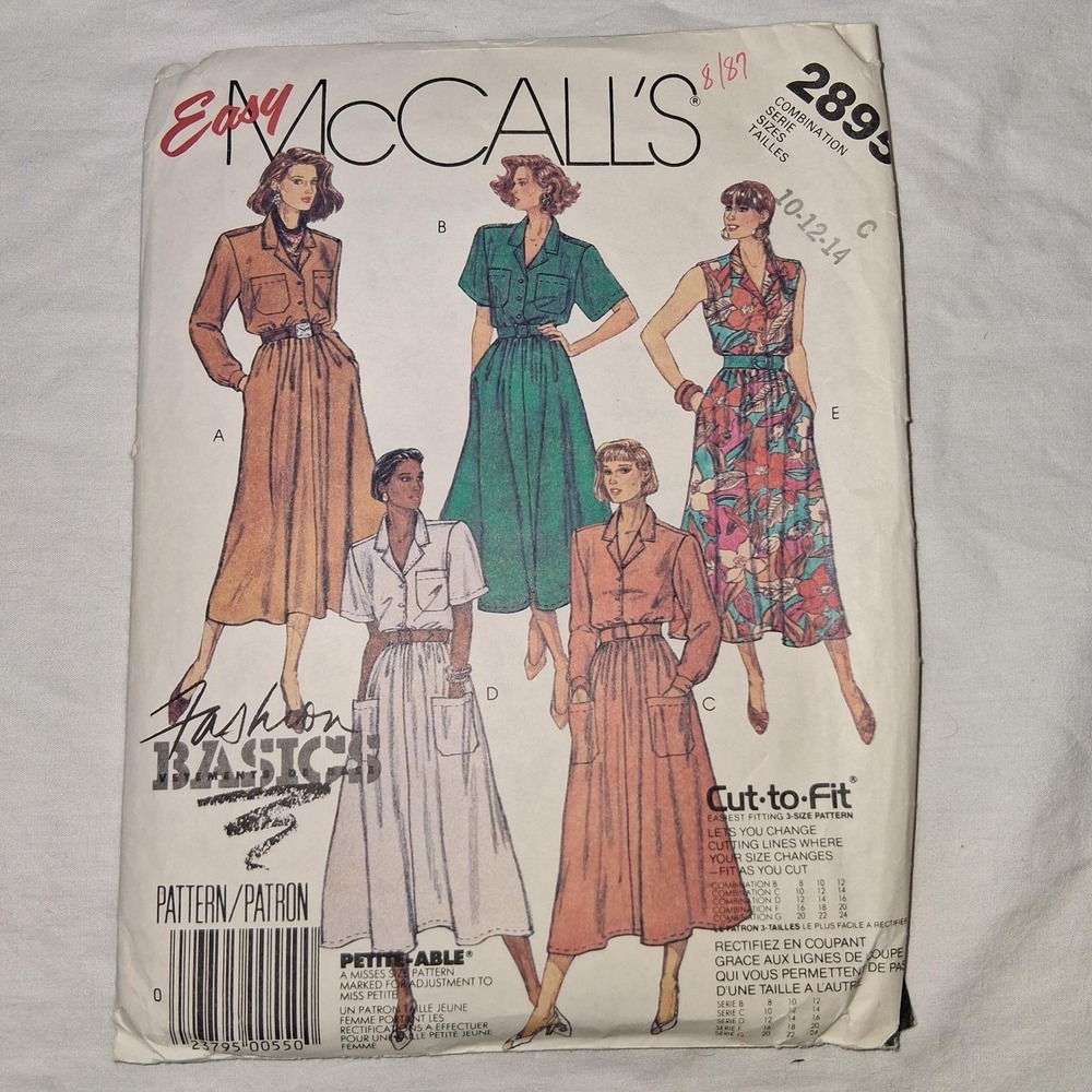 Easy McCall's 2895 Misses Dress Sewing Pattern Fashion Basics Size‎ 10-12-14 Cut